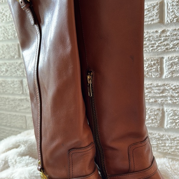Coach Mulan Cognac Brown Leather KneeHigh Riding Boots/Gold Gold Accents/Emblem - Picture 6 of 7